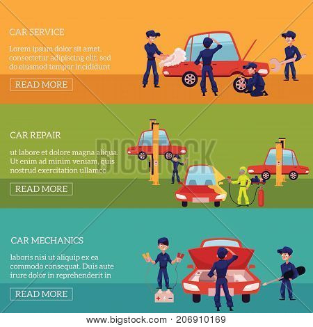 Three horizontal banners with auto mechanics, car service workers fixing, repairing, servicing cars, cartoon vector illustration. Auto mechanics repairing, cleaning, servicing, fixing, painting a car