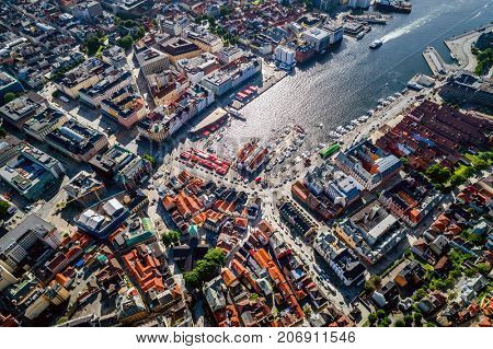 Bergen is a city and municipality in Hordaland on the west coast of Norway. Bergen is the second-largest city in Norway. The view from the height of bird flight. Aerial FPV drone photography.