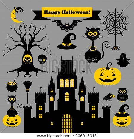 Halloween icons or logos in modern line style. Vector illustration on a gray background