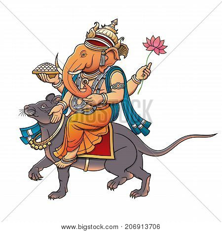 lord ganesha ridign a rat vector illustration