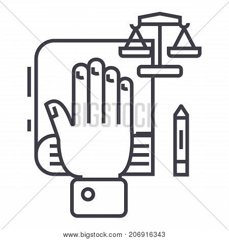 truth concept, hand on book, bibile, small scales vector line icon, sign, illustration on white background, editable strokes