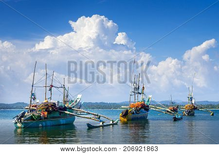 Traditional Sri Lanka fishing boats in the Mirissa harbor