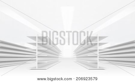3d Supermarket Aisle With White Blank Empty Shelves. Eps10 Vector