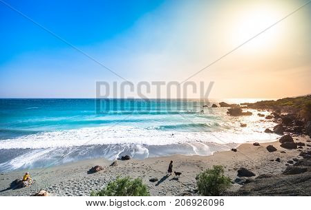 Tropical sandy beach of Ligres, Crete, Greece, with big waves.