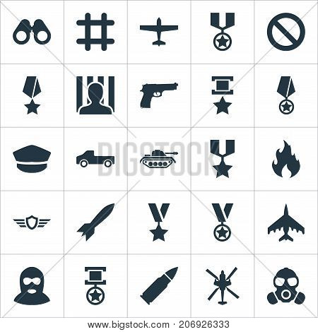 Elements Flame, Hat, Tank And Other Synonyms Automobile, Bandit And Prison.  Vector Illustration Set Of Simple War Icons.