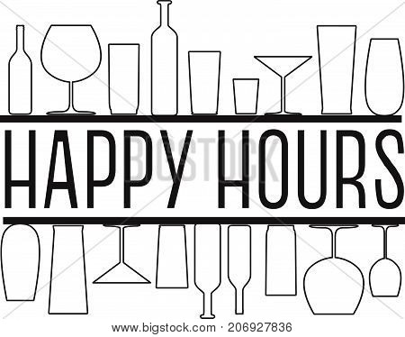 Happy Hours Black And White Vector Text With Countour Glasses And Bottles On The Bar Shelves.