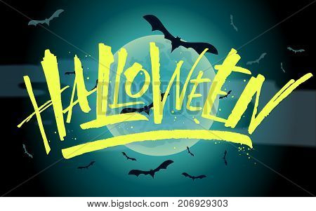 Halloween lettering with full moon background. Modern calligraphy, vector illustration. Template for posters, banners, web design or photo overlays.