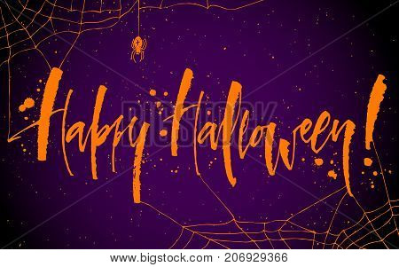 Happy Halloween lettering with spiderweb background. Modern calligraphy, vector illustration. Template for posters, banners, web design or photo overlays.