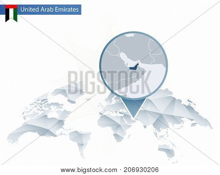 Abstract Rounded World Map With Pinned Detailed United Arab Emirates Map.