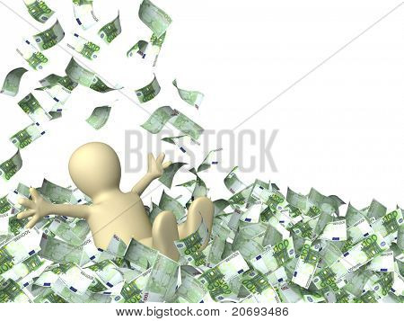 Glücklich Marionetten und einem Geld-Regen. Isolated over white