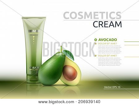 Cream cosmetic realistic mock up package avocado essence. Vector 3D illustration. Cosmetic package ads template. Natural fruit detailed 3d element