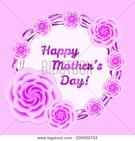Vector gift card design template for mothers day and woman day with pink roses. Psatel pink and purple elegant flower illustration for poster and cover.