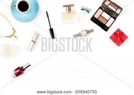 Female luxery accessories flat lay, white background , copy space