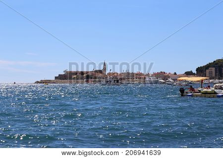 BUDVA, MONTENEGRO - SEPTEMBER 14, 2013: It is a panoramic view of old Budva from the beach coast of the Budva Riviera.