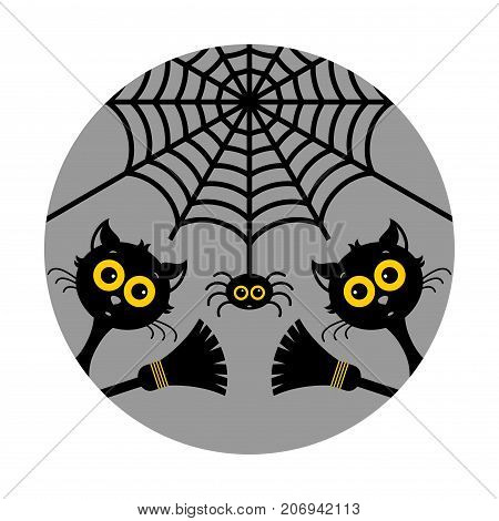 Halloween, black cats, spider, broom. Stickers or badges. Vector illustration on a gray background