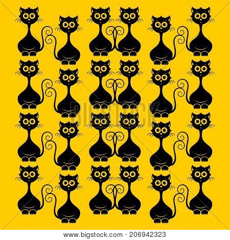 Pattern with black cats. Halloween. Vector illustration on a yellow background