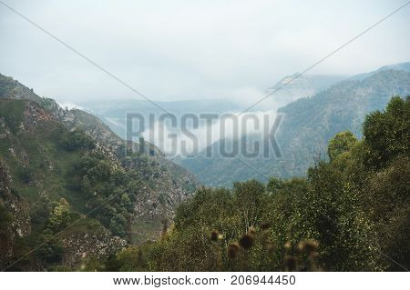 A beautiful morning landscape of mountain in the mountain gorge in the autumn