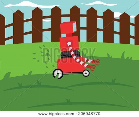Domestic robot grassmower cutting grass on a green lawn. Robotic gardening futuristic concept illustration vector.