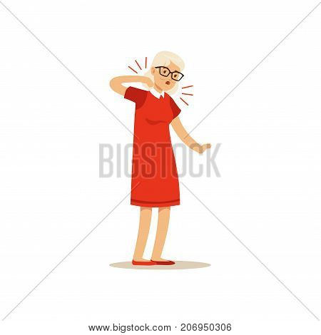 The image is showing an old woman in red dress, who is feeling pain in the neck. She has grey hair and also has her glasses on.
