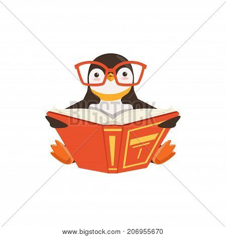 The image shows a penguin who is reading a red book in a sitting position on white background.