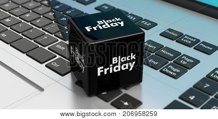 Black Friday Online Sale. Black Cube On A Laptop. 3D Illustration