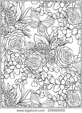 Floral seamless pattern with butterflies and bees  in realistic botanical style.  Stock vector illustration. Outline hand drawn.