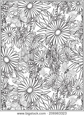 Floral seamless pattern with butterflies and bees  in realistic botanical style.  Stock vector illustration. Outline hand drawn.