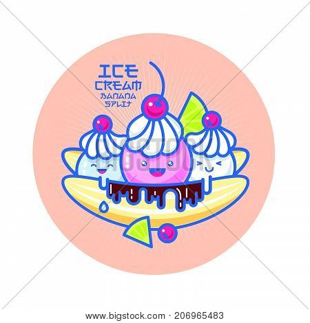 Kawaii ice cream illustration. Banana split ice cream with chocolate, lime and cherries.