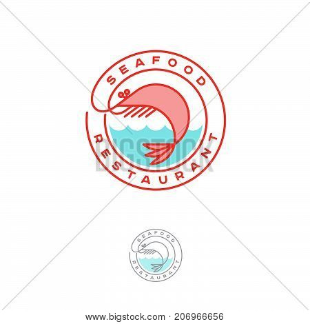 Pink shrimp with waves and letters in a circle.