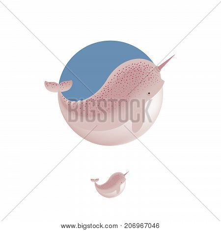 Narwhal whale illustration. Narwhale icon/ Ocean animal emblems. Narwhale whale, isolated, on a blue circle.