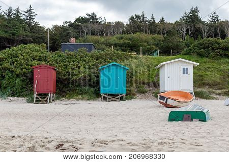 Tisvilde, Denmark - September 16, 2017: Colorful beach huts at Tisvilde beach