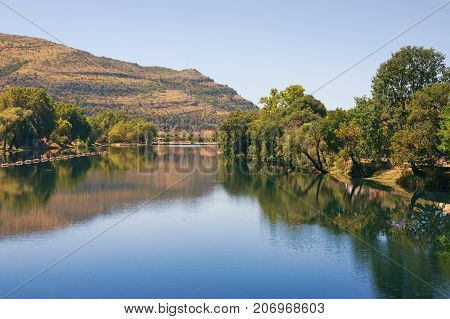 View of Trebisnjica river near Trebinje town on a summer day. Bosnia and Herzegovina, Republika Srpska