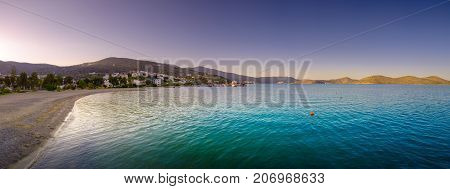 Panoramic view of the gulf of Elounda with the famous village of Elounda and the island of Spinalonga, Crete, Greece.