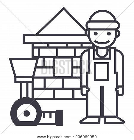 builder, brick house, meter vector line icon, sign, illustration on white background, editable strokes
