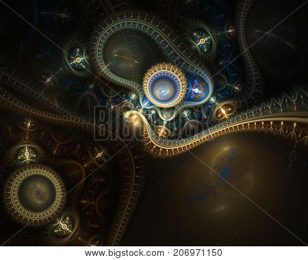 Steampunk. Time machine. Futuristic mechanic engine. An abstract computer generated modern fractal design on dark background. Abstract fractal color texture. Digital art. Abstract Form & Colors. Abstract fractal element pattern for your design