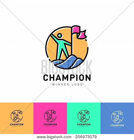 Man with a flag on the mountain. Identity. Color spectrum. The winner of the logo. The man climbed the mountain.