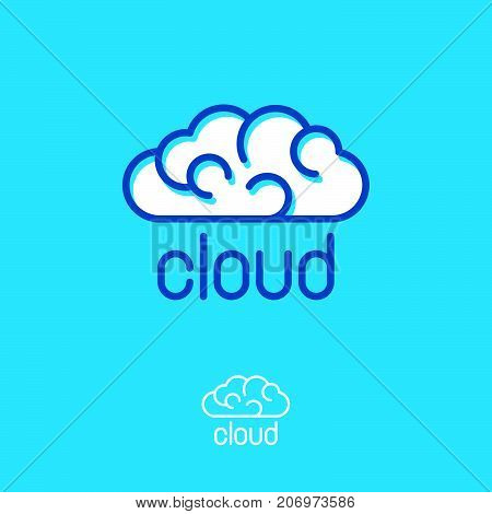 Blue cloud emblems. Linear logo. Cloud computing logo. Communication or network icon.