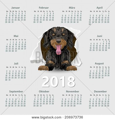 Calendar 2018 year with dog German. Week starting on Monday. eps