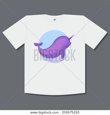 T-shirt print. Narwhal whale illustration. Cute Narwhal icon. Ocean animal emblems. Narwhal whale, isolated, on a light-blue circle.