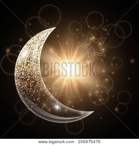 Ramadan mubarak design. Shining background with star light and the moon.