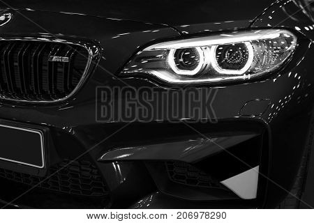 Sankt-Petersburg Russia July 21 2017: Front view of a BMW M2 sports car. M Performance Edition. Car exterior details. Photo Taken at Royal Auto Show July 21
