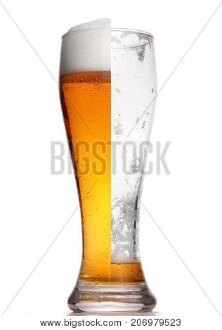 Glass Of Beer Half Full Half Empty, Isolated On White.concept Half Full,half Empty
