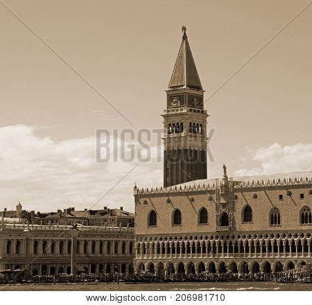 Venice Italy Campanile Of Saint Mark And Ducal Palace With Sepia