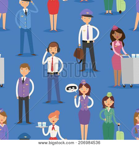 Vector Illustration airline plane personnel staff pilots and stewardess air hostess flight attendants people seamless pattern background command. Vector pilots flight attendants captain professional.