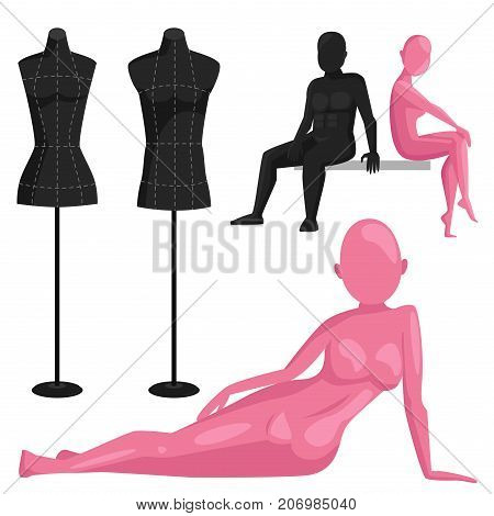 Vector dummy mannequin model. Different poses colors male and female icons. Beautiful attractive sculpture plastic figure silhouette.
