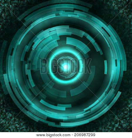 Future technology, security concept background. Dark green cyber eye with hud elements. Binary code background.