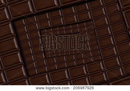 Abstract dark chocolate square spiral chocolate bar. Dark chocolate bar tablet background. Square staircase chocolate food spiral. Stair effect food background. Square background. Food fractal