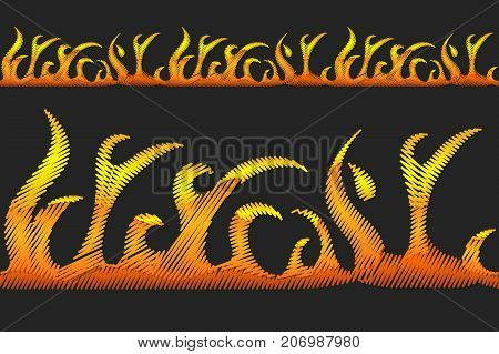 Fire embroidery vector image. Embroidered flame fashion patch or pin hot element for card posterclothing baghorrordecoration horror