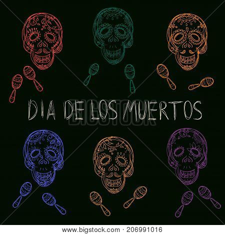 Mexican Dia de los Muertos. Colour collection of the Day of the Dead sugar skulls calavera with maracas