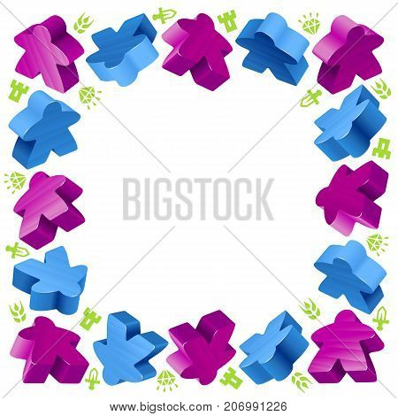 Square frame of meeples for board games. Blue and purple game pieces and resources counter icons isolated on white background. Vector border for design boardgames advertisement